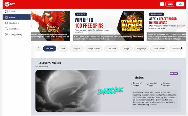 Main display from VirginBet, a major player among UK casino sites.